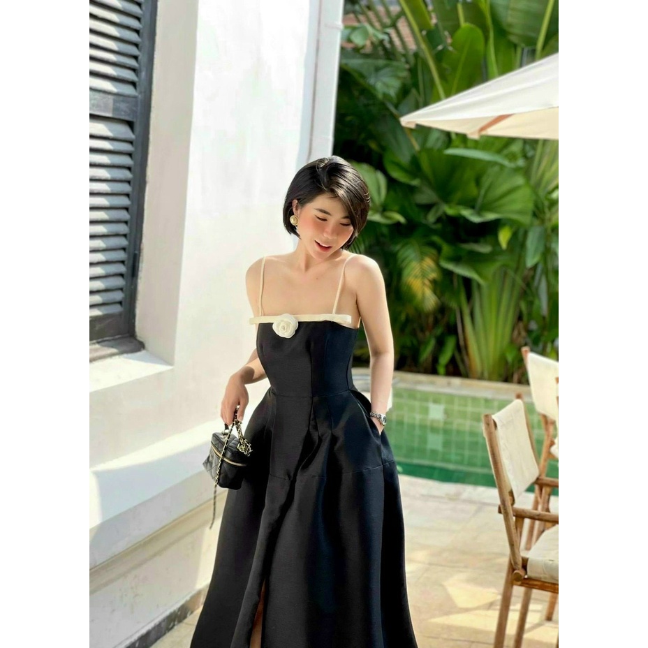 Đầm đi đám cưới hai dây vải tapta đính nơ, đầm maxi xẻ tà dự tiệc sang chảnh,váy tiểu thư thanh lịch