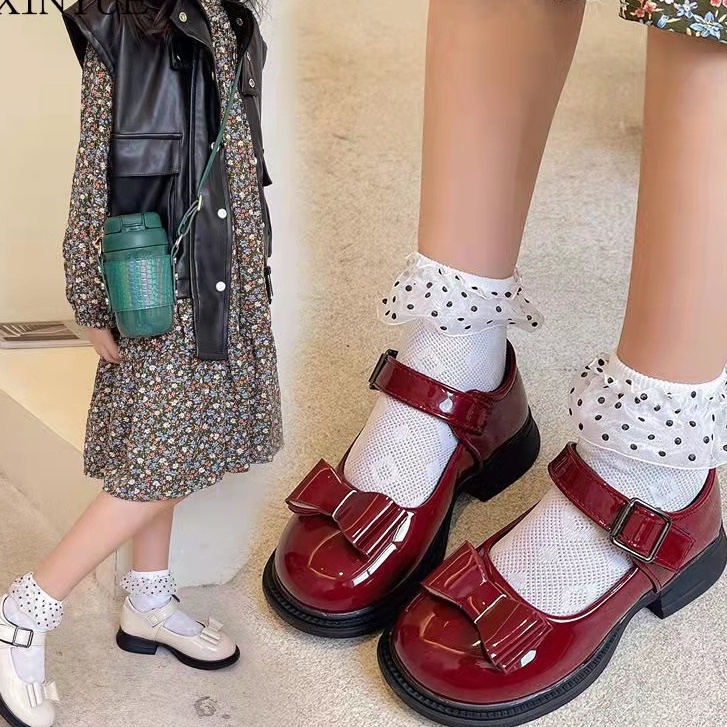 Giày Búp Bê Da Bóng Đính Nơ Phong Cách Anh Quốc 2023 Cho Bé Gái 3-18 Tuổi giày vintage bé gái giày lolita nữ đế cao