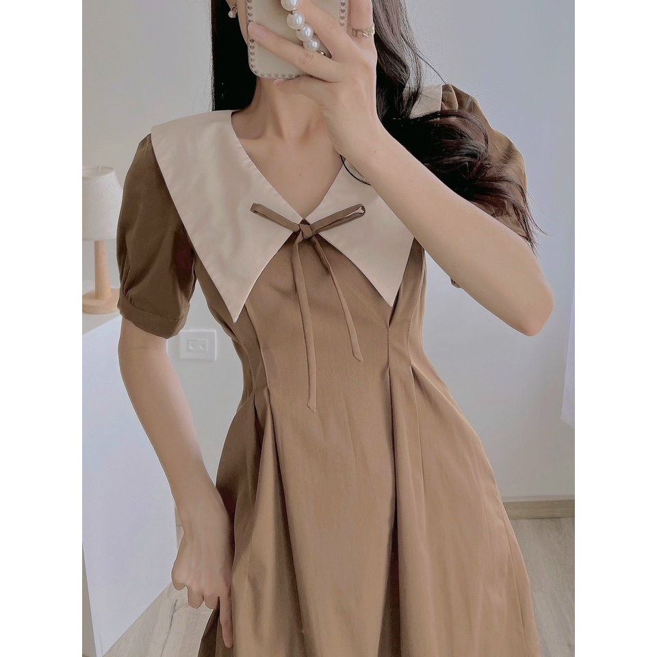 Váy cổ nơ tay bồng chất liệu kaki Hàn cao cấp VNS03 hai màu be, nâu vintage YAME