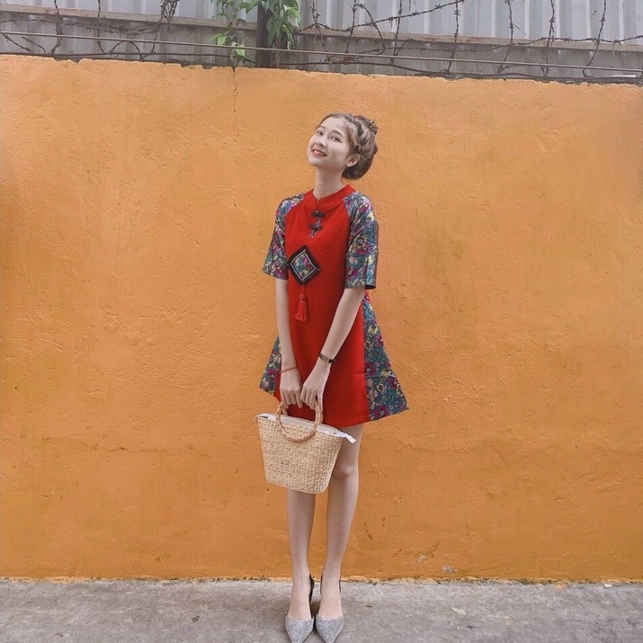 áo dài cách tân mặc tết siêu xinh-áo dài đỏ tay gấm mặc chụp hình tết-váy dự tiệc cuối năm V40 | BigBuy360 - bigbuy360.vn