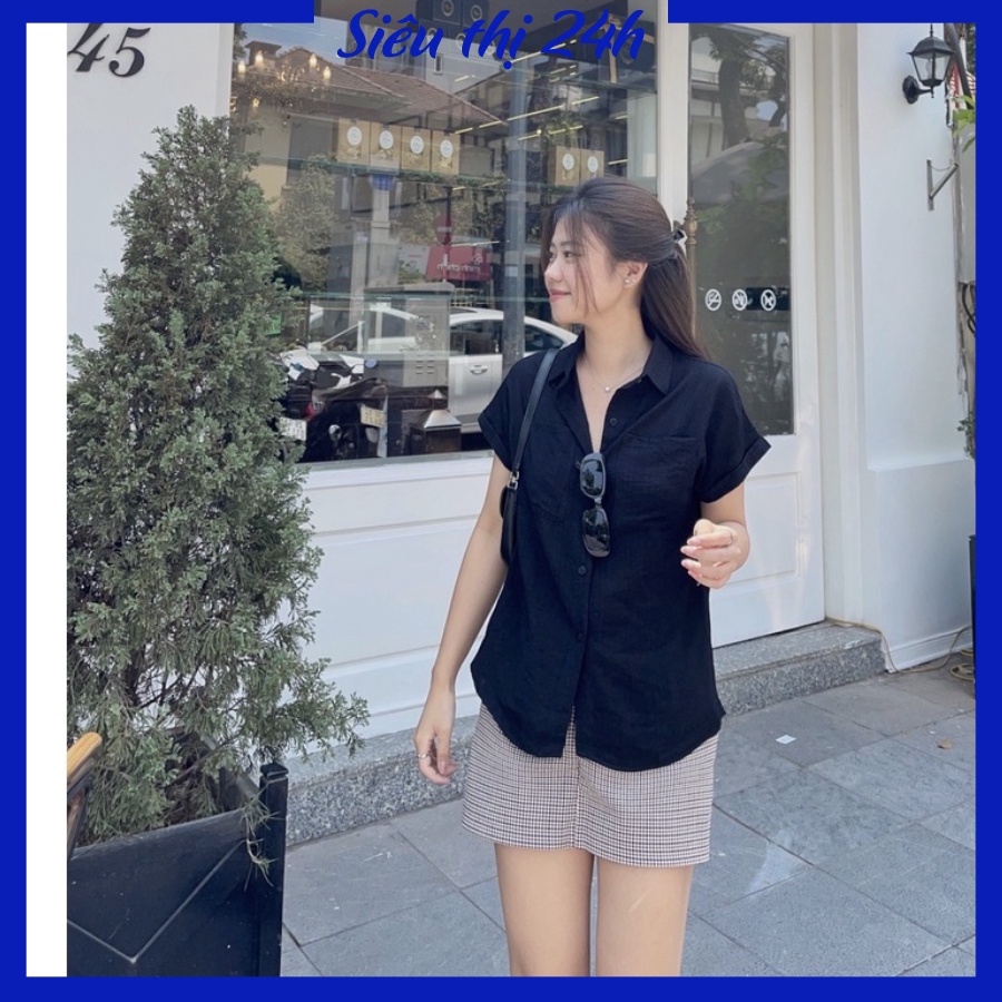 Áo sơ mi nữ tay ngắn Hàn Quốc Siêu thị 24 giờ chất liệu đũi tơ mềm mát, form trẻ trung phá cách SMH.33 | BigBuy360 - bigbuy360.vn