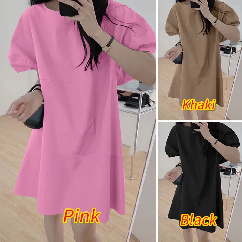 Đầm ZANZEA tay phồng ngắn màu trơn dáng rộng thời trang cho nữ