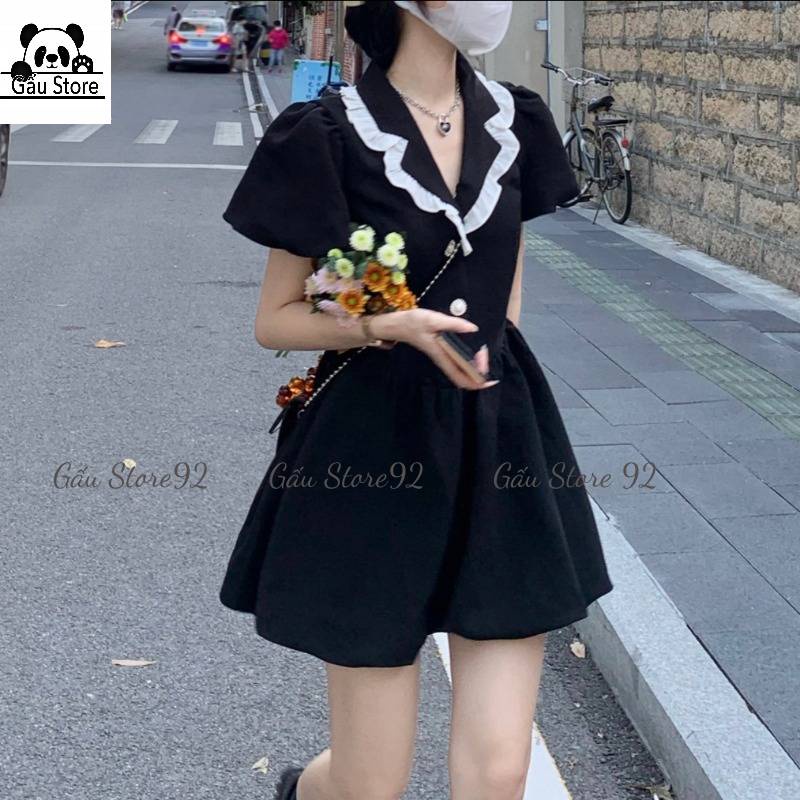 Váy đầm nữ màu đen cổ vest viền bèo tay bồng babydoll