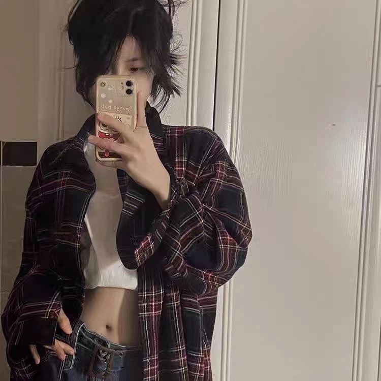 【ZHELIHANGFEI】Áo Sơ Mi Dài Tay Dáng Rộng Hoa Văn Kẻ Ô Phong Cách Retro