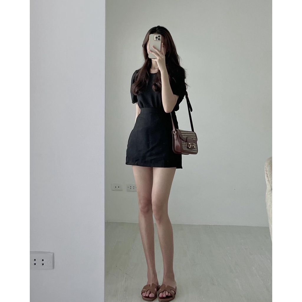 Set Áo Tay Bồng Và Chân Váy Chữ A Có 2 Lớp Phía Sau Lưng Chun Chuẩn Form