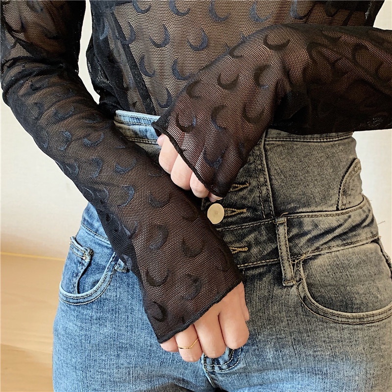 Áo lưới xuyên thấu tay dài cổ cao thời trang cho nữ MS57