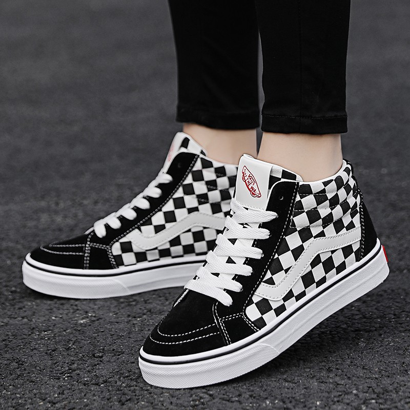 Vans Giày Thể Thao Canvas Cổ Cao Kẻ Sọc Caro Trắng Đen Thời Trang Cho Nữ