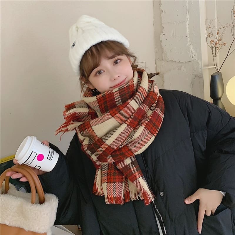 Khăn quàng cổ nữ chất liệu len dạ kẻ caro, kẻ 2 mặt, khăn choàng cổ phong cách vintage Hàn Quốc Xinh Xinh Accessories