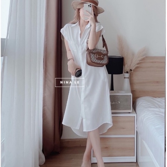 Váy sơ mi trắng tay bồng cổ bèo có nơ dáng suông Đầm xuông trắng chất thô lụa
