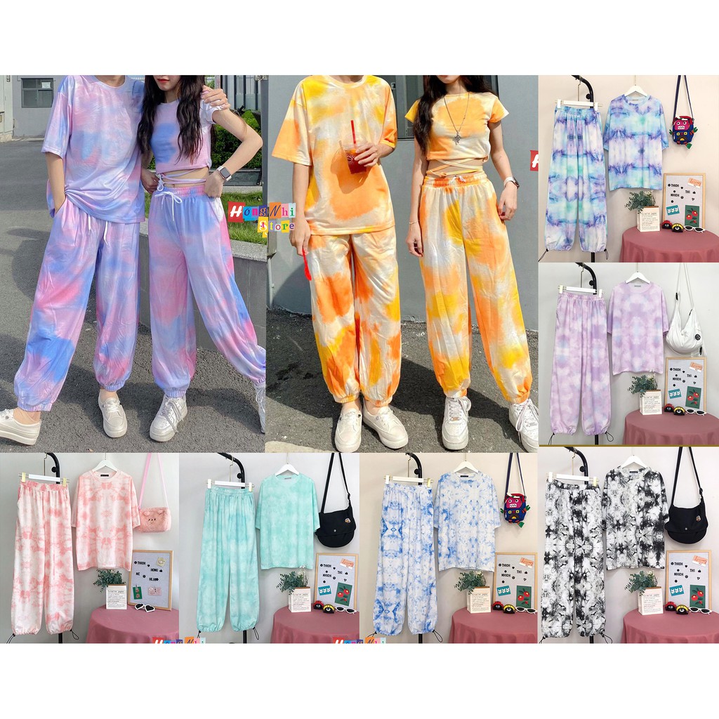 Set Bộ Áo Thun Tay Lỡ Loang Màu Tie Tee Phối Quần Jogger 3D Ulzzang Unisex Dáng Rộng - MM