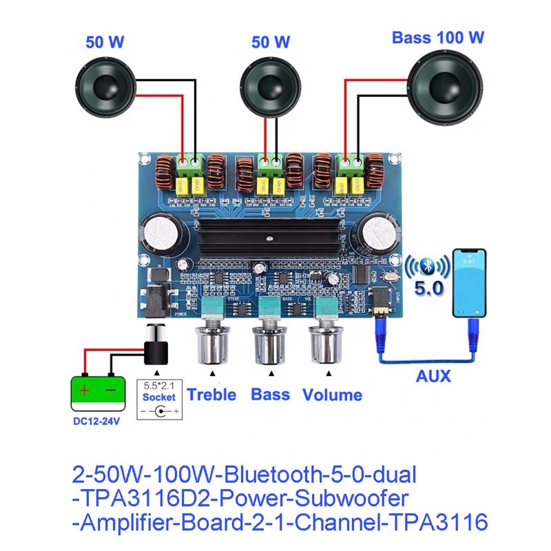 Bảng Mạch Khuếch Đại Âm Thanh Siêu Trầm Tpa3116D2 2x50w + 100w Bluetooth 5.0 2.1 Kênh Aux Amp Ốp