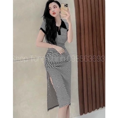Đầm ôm body polo kẻ sọc dáng dài xẻ tà cho nữ sexy cực tôn dáng