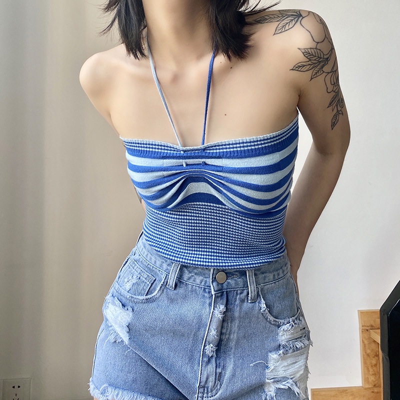 Kliou 2022 Mới vào mùa hè Áo kiểu KLIOU dáng ngắn hai dây hở lưng họa tiết kẻ sọc thời trang mùa hè dành cho nữ