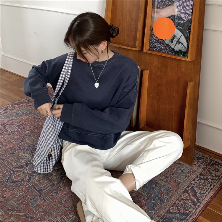 Áo sweater tròng đầu dáng rộng màu trơn phong cách Hàn Quốc