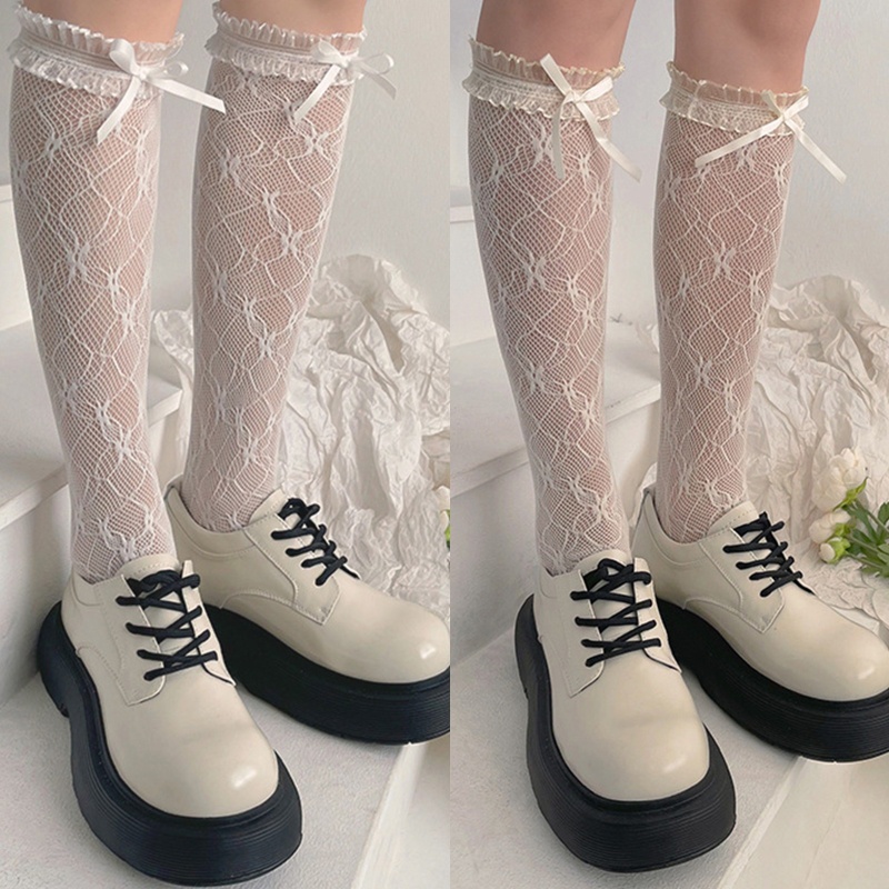 Youyo Vớ Lưới Dài Qua Gối Phối Ren Ruy Băng Thắt Nơ In Hoa Phong Cách Lolita Ngọt Ngào Cho Nữ Có Sẵn