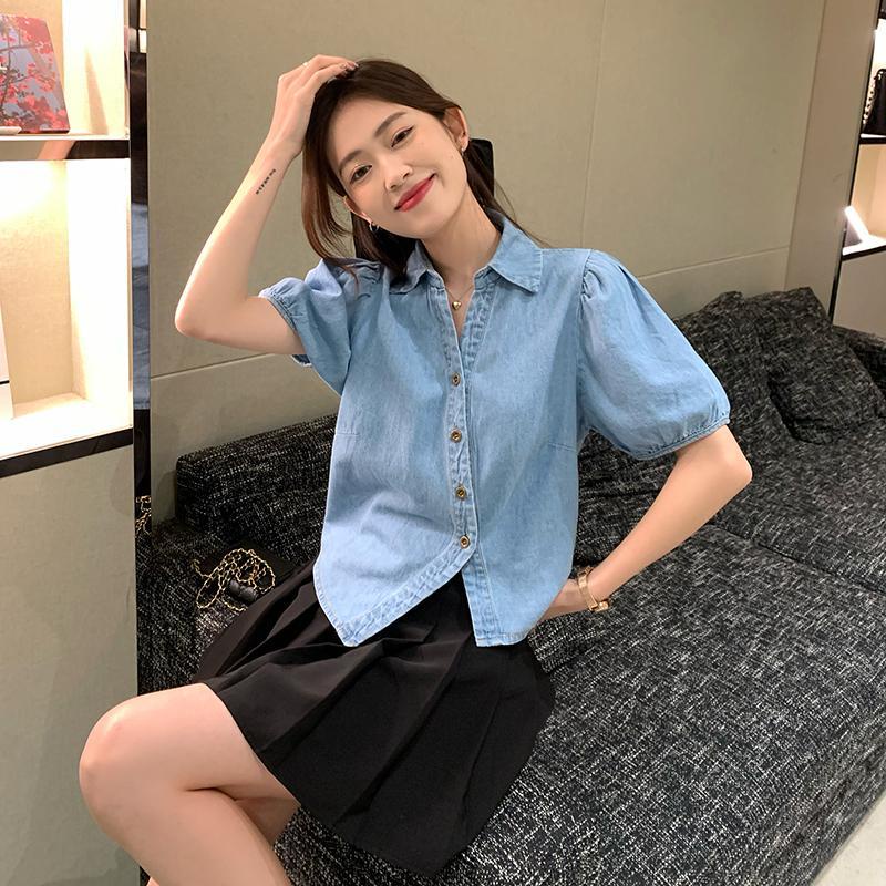 Áo Sơ Mi Denim Tay Ngắn Phong Cách Hong Kong Cổ Điển Thiết Kế Mới Cho Nữ