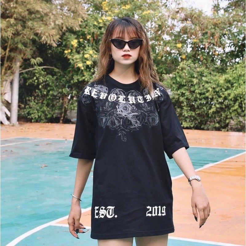 Áo thun tay lỡ Mikenco hoa hồng đen MOSSSHOP -  Áo phông nam nữ unisex phong cách hàn quốc ulzzang form rộng 65kg