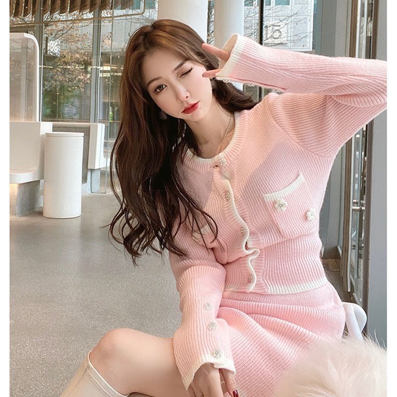 Set áo váy len body nữ màu hồng thắt nơ cách điệu sau lưng xinh xắn