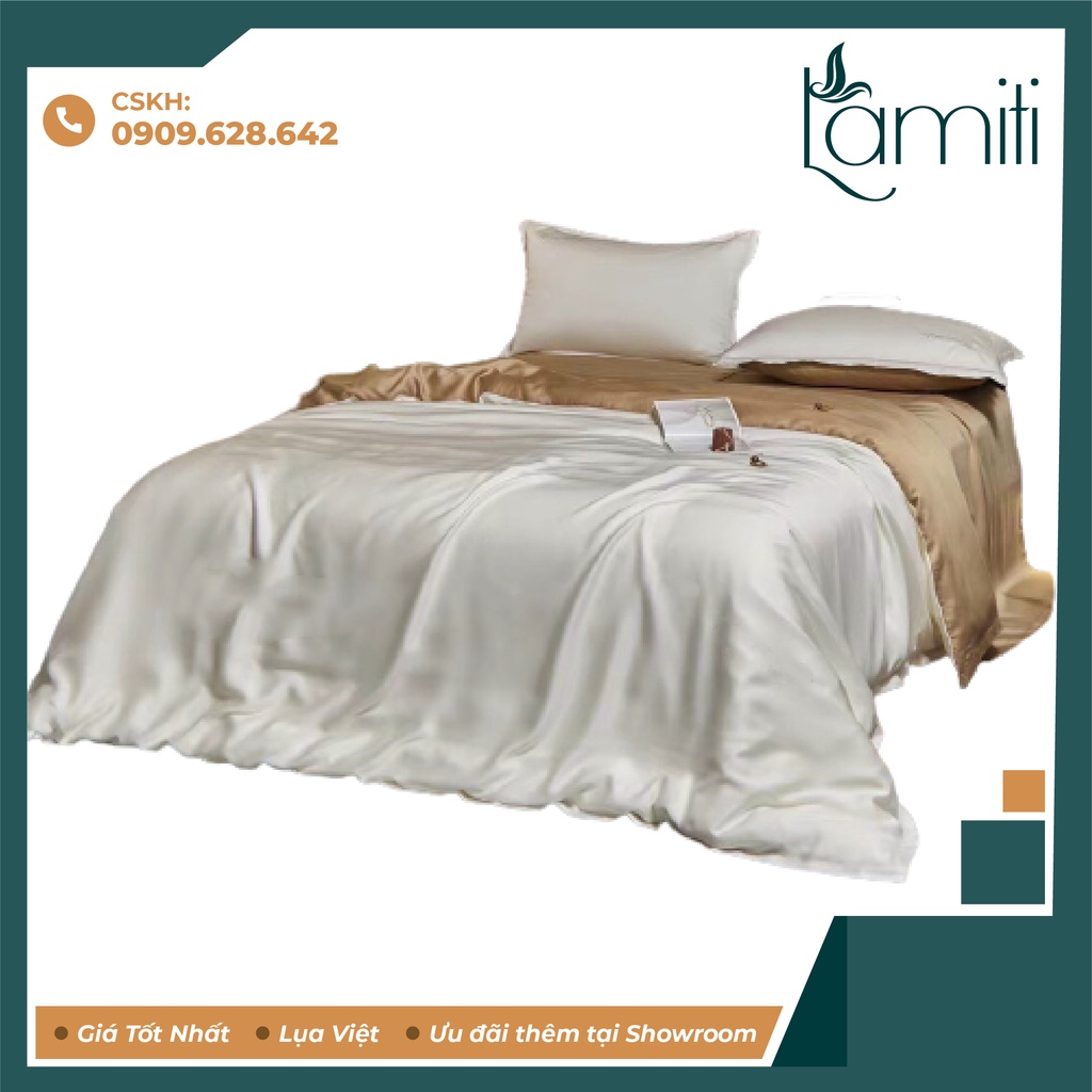 Ga giường phi lụa (lụa silk ) Lamiti hàng loại 1 giá tận xưởng bao bì đẹp chất mát mềm mịn - trắng phối vàng đồng