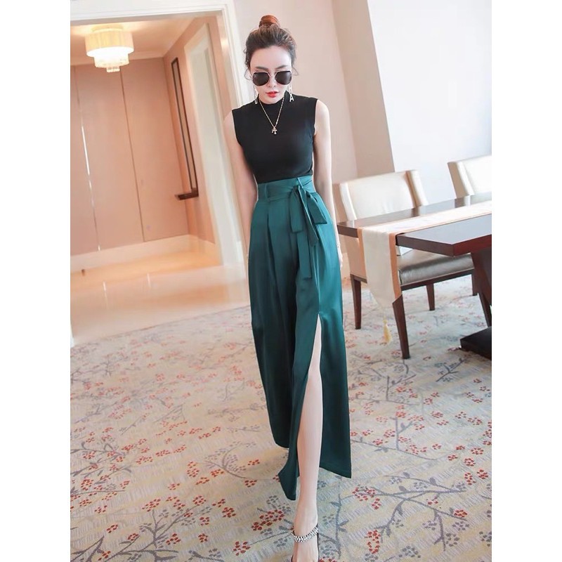 Set Bộ công sở áo thun quần xẻ tà, Set áo thun gân mix quần tây ống rộng xẻ tà | BigBuy360 - bigbuy360.vn