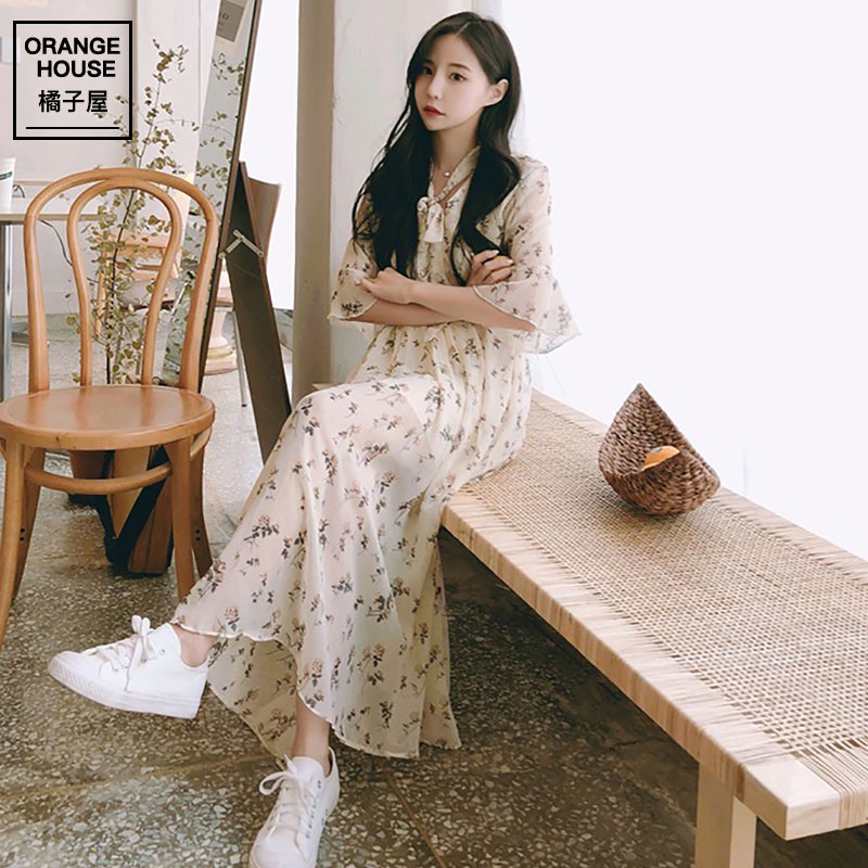 Đầm dáng xòe hoa nhí tay ngắn midi Emilyshop ulzzang