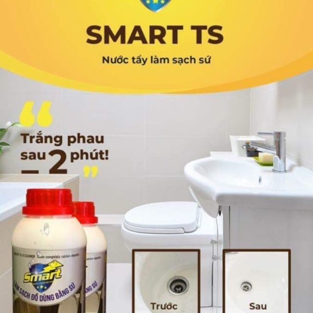 Nước tẩy trắng đồ sứ bị ố vàng Smart, tặng 01 miếng cọ rửa sắt 500ml (ảnh thật)