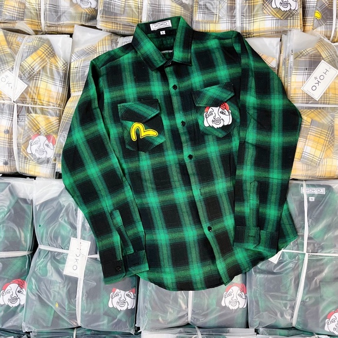 Áo Sơ Mi Nam Tay Dài Vải Nỉ Caro In Hình EVISU Phong Cách Độc Lạ Thời trang Hot Trend Mới