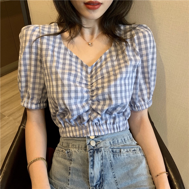Áo sơ mi NZN tay phồng ôm dáng họa tiết sọc caro thời trang mùa hè dành cho nữ