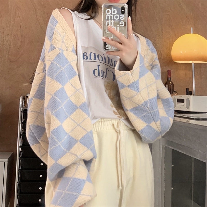 Áo khoác cardigan croptop form rộng dài tay nữ kẻ ô caro