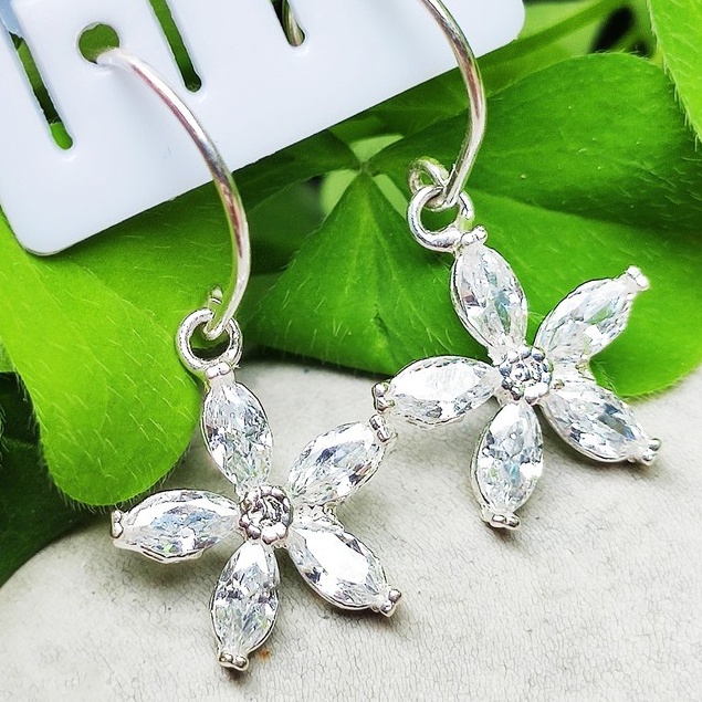Bông tai bạc Bông circle treo hoa đá lấp lánh_van jw