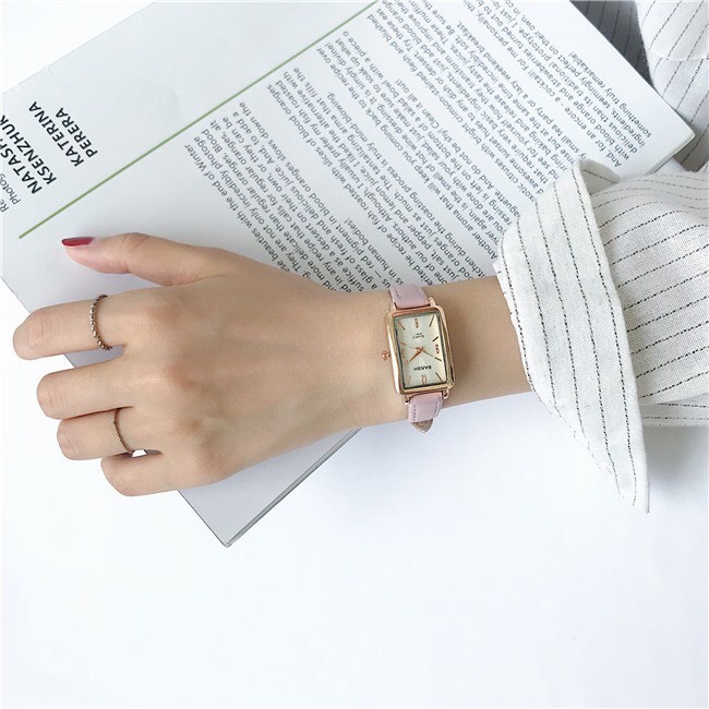 Đồng hồ nữ Barsh mặt chữ nhật dây da giá rẻ phong cách Hàn Quốc BAV01