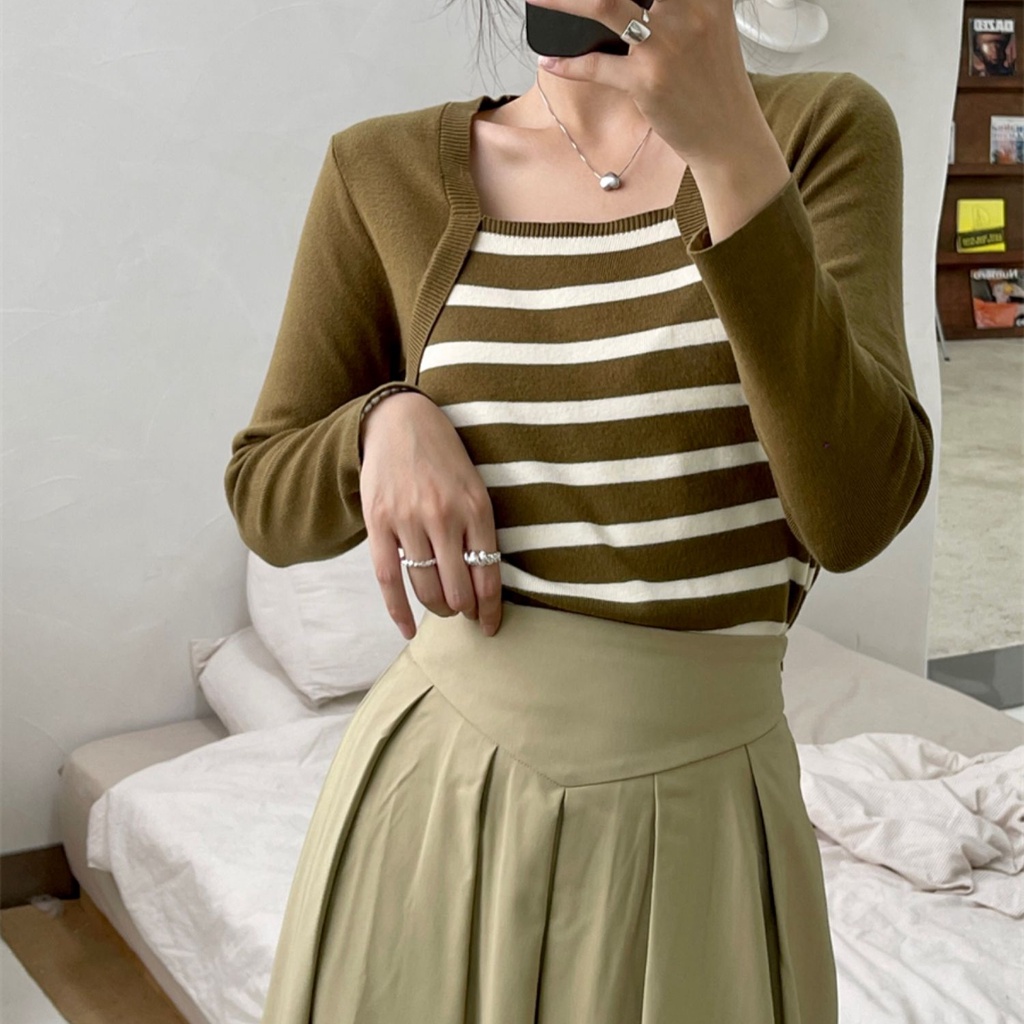 SUXI Áo Sweater Dệt Kim Tay Dài Dáng Ôm Họa Tiết Kẻ Sọc Thời Trang Mùa Thu Mới Cho Nữ