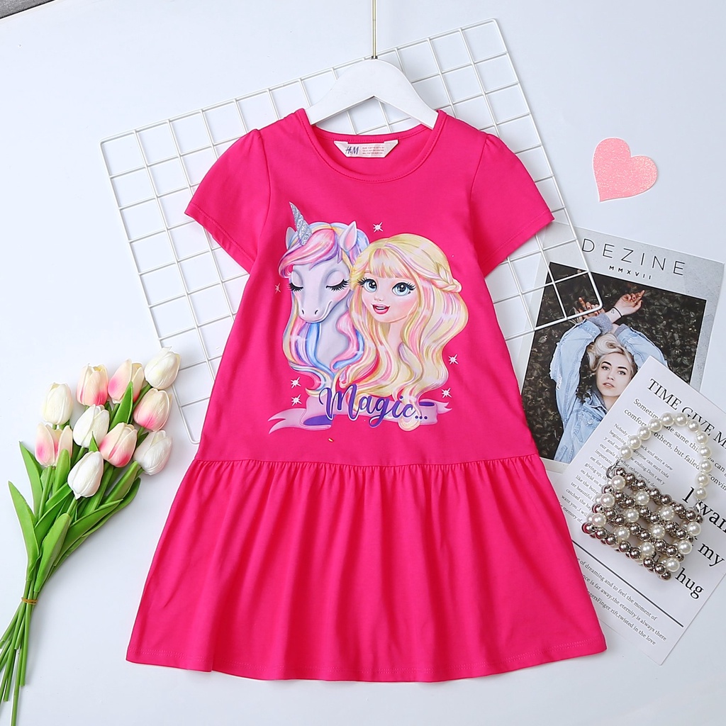 Đầm thun cotton mát mẻ in ngựa pony unicorn 1 sừng cho bé gái