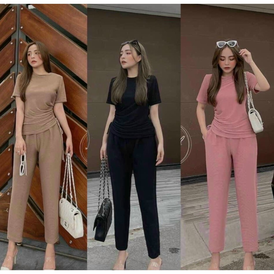 Set Bộ Áo Thun Rút Dây Bên Eo Và Quần Dài