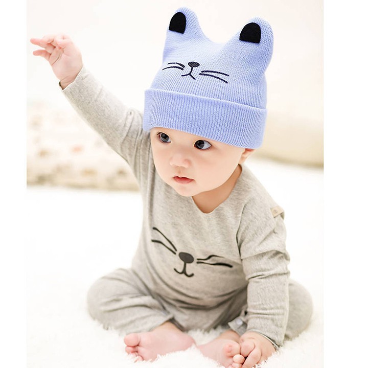 Mũ len, Nón len ấm áp hình mặt mèo dễ thương giữ ấm cho bé từ 0- 3 tuổi