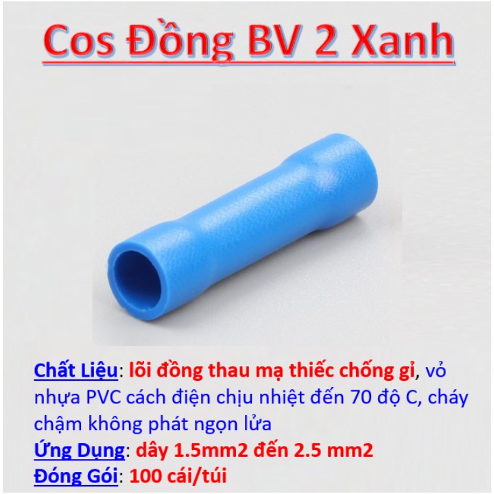 Đầu cos nối thẳng 100cái 💥 cút cosse bọc phủ nhựa BV 2, cốt bấm dây điện 1.5mm đến 2.5mm bằng đồng