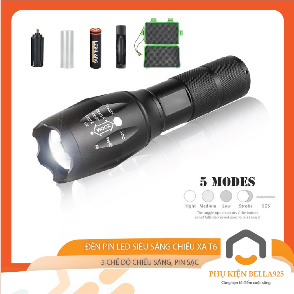 Đèn pin Bella925 đèn led mini siêu sáng T6 với 5 chế độ chiếu xa chống nước đèn tự vệ cho phượt thủ