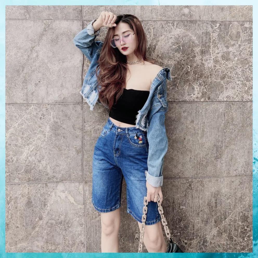 [TH Jeans] Quần bò ngố trơn, quần jeans lửng cạp ngang rốn, túi chéo họa tiết Mickey. Mã N3120