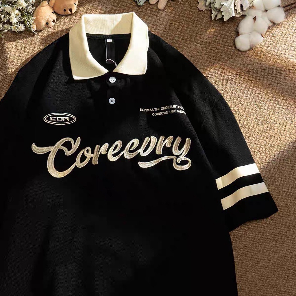 Áo polo unisex tay lỡ form rộng Coreeory, áo thun có cổ nam nữ chất cotton - Gin Store