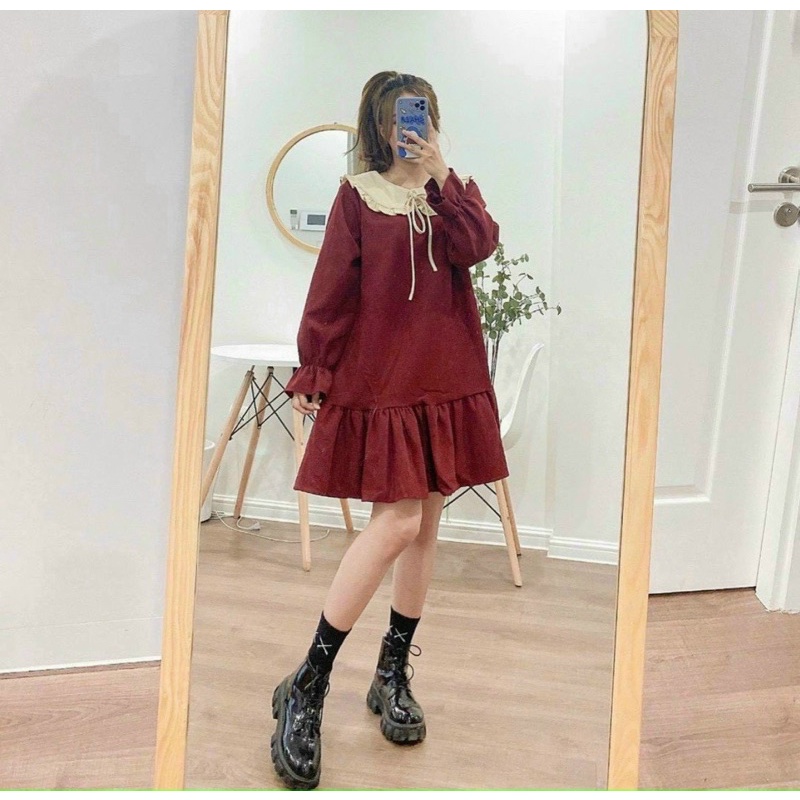 Váy Nhung Đỏ Đuôi Cá Dài Tay Cổ Bèo, Đầm Suông Đuôi Cá Tay Bồng