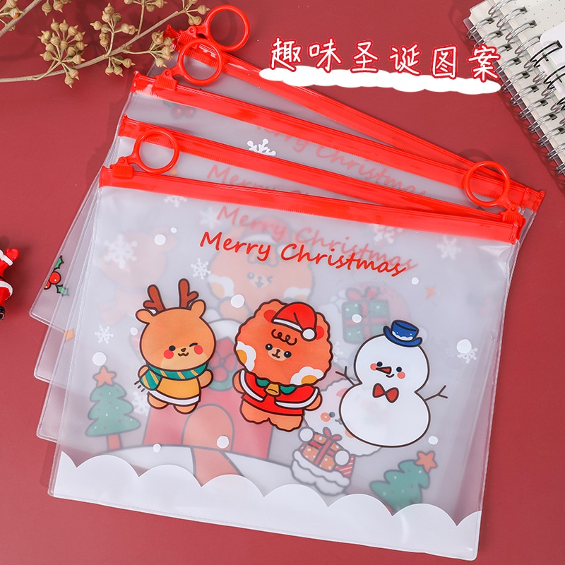 Túi Đựng Tài Liệu Trong Suốt Đa Năng Có Khóa Kéo Họa Tiết Giáng Sinh Hoạt Hình Dễ Thương