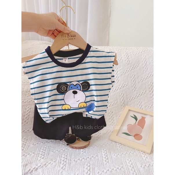 Bộ Đồ Cộc Tay Bé Trai 10-20kg Chất Cotton Hoa Tiết Kẻ Ngang In Hình Con Vật, Set Ba Lỗ Bé Trai Mặc Hè - AN.KID