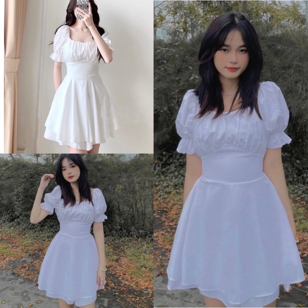 Váy trắng tiểu thư xòe 2 tầng cổ vuông rúm ngực buộc eo- Đầm nữ trễ vai tay bồng chất thô mềm phong cách hàn quốc