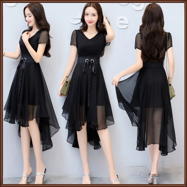 Đầm Voan Ngắn Tay Cổ Chữ V Thiết Kế Bất Đối Xứng Phối Dây Rút Thời Trang Cho Nữ