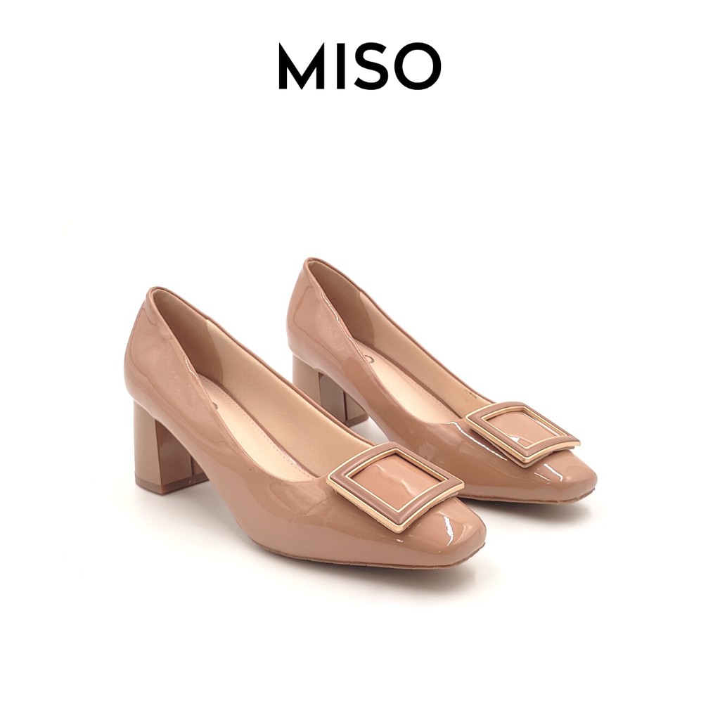 Giày cao gót công sở nữ basic da bóng mũi vuông trendy gót trụ phối khoá 7cm MISO M014
