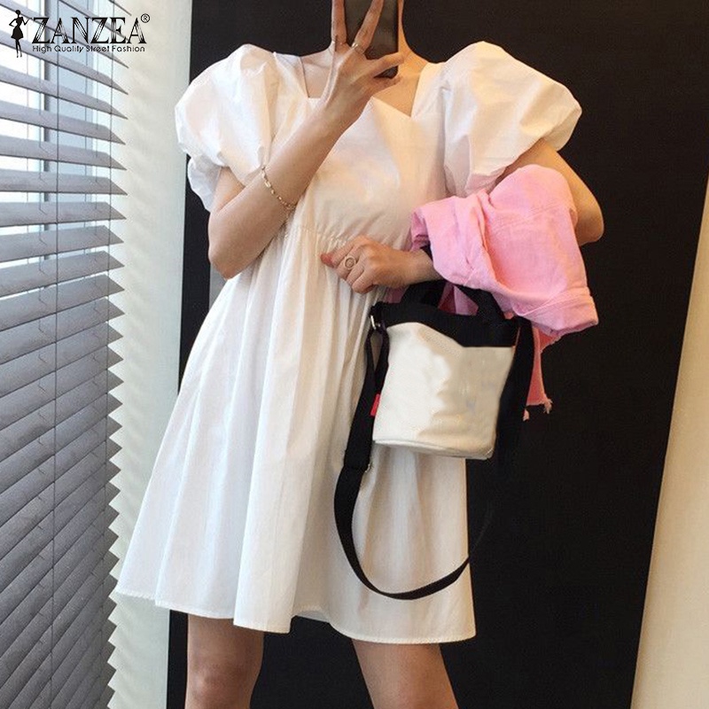 Đầm ZANZEA dáng chữ A tay phồng phong cách Hàn Quốc thời trang cho nữ