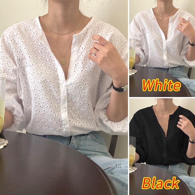 Áo Kiểu ZANZEA Cổ Tròn Dài Tay Thêu Họa Tiết Rỗng Cho Nữ