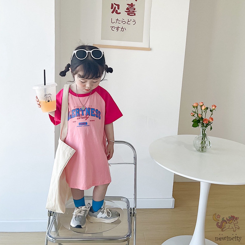 Đầm Cotton Ngắn Tay In Chữ Thời Trang Mùa Hè Hàn Quốc Dành Cho Bé Gái