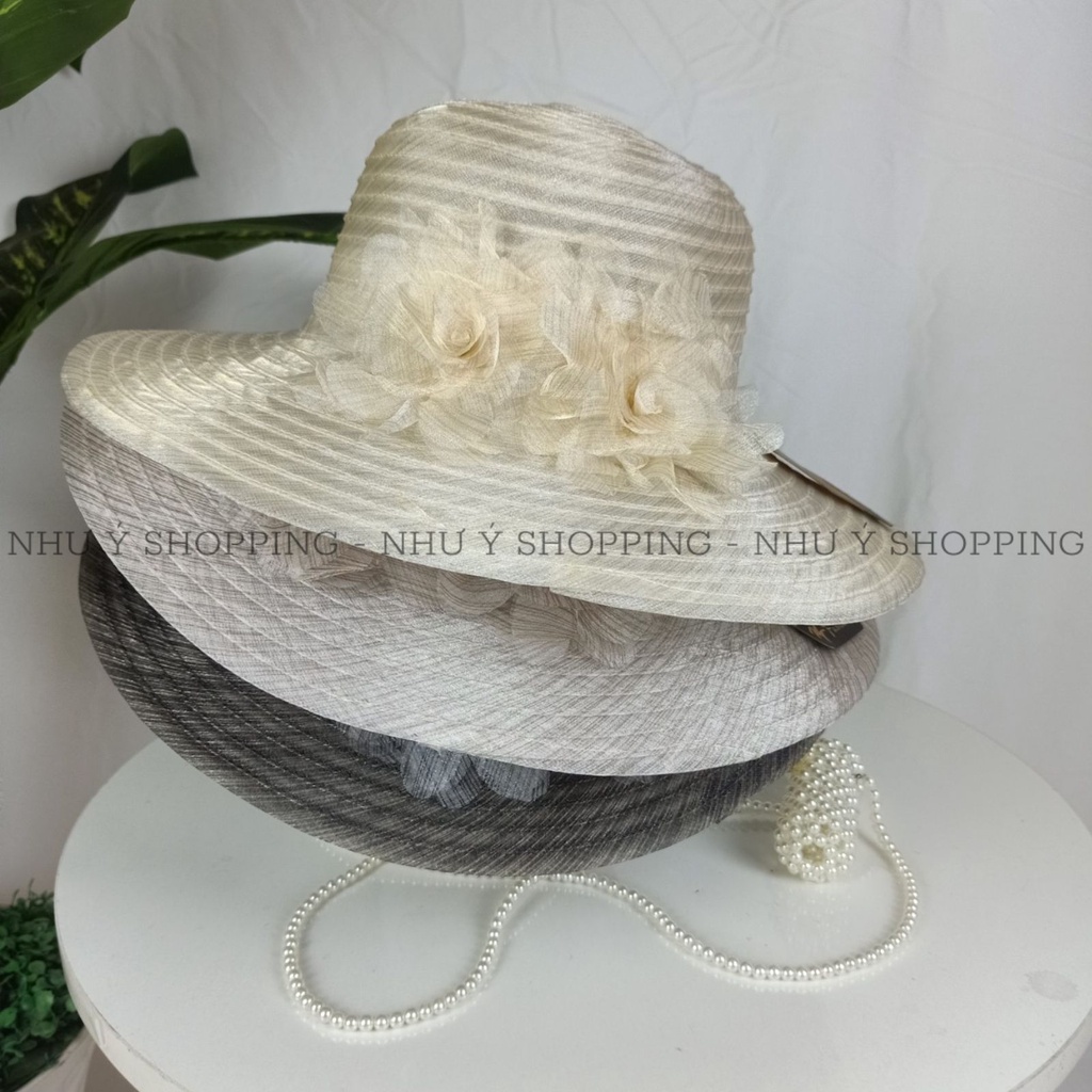 Nón cói, Mũ cói đi biển vành nhỏ cho nữ, chất liệu mũ cói mềm phối hoa (hình chụp thật) -Q12-vành nhỏ 3 màu sọc