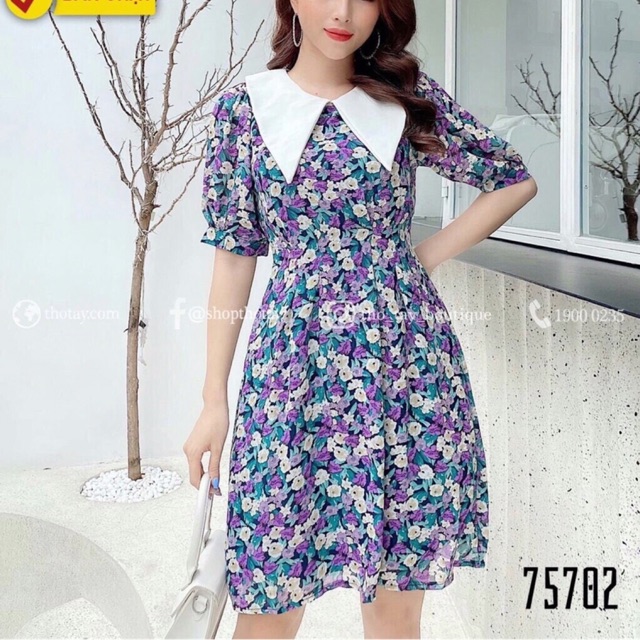 Đầm bông lụa babydoll ngắn tay cổ trắng bẻ